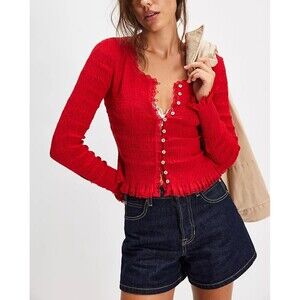 Free People Elliot Smocked Solid Top Button-Front Lace Ruffle Cotton M 286975